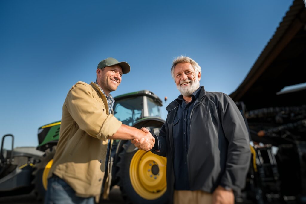 Vendedor e cliente em concessionária agrícola