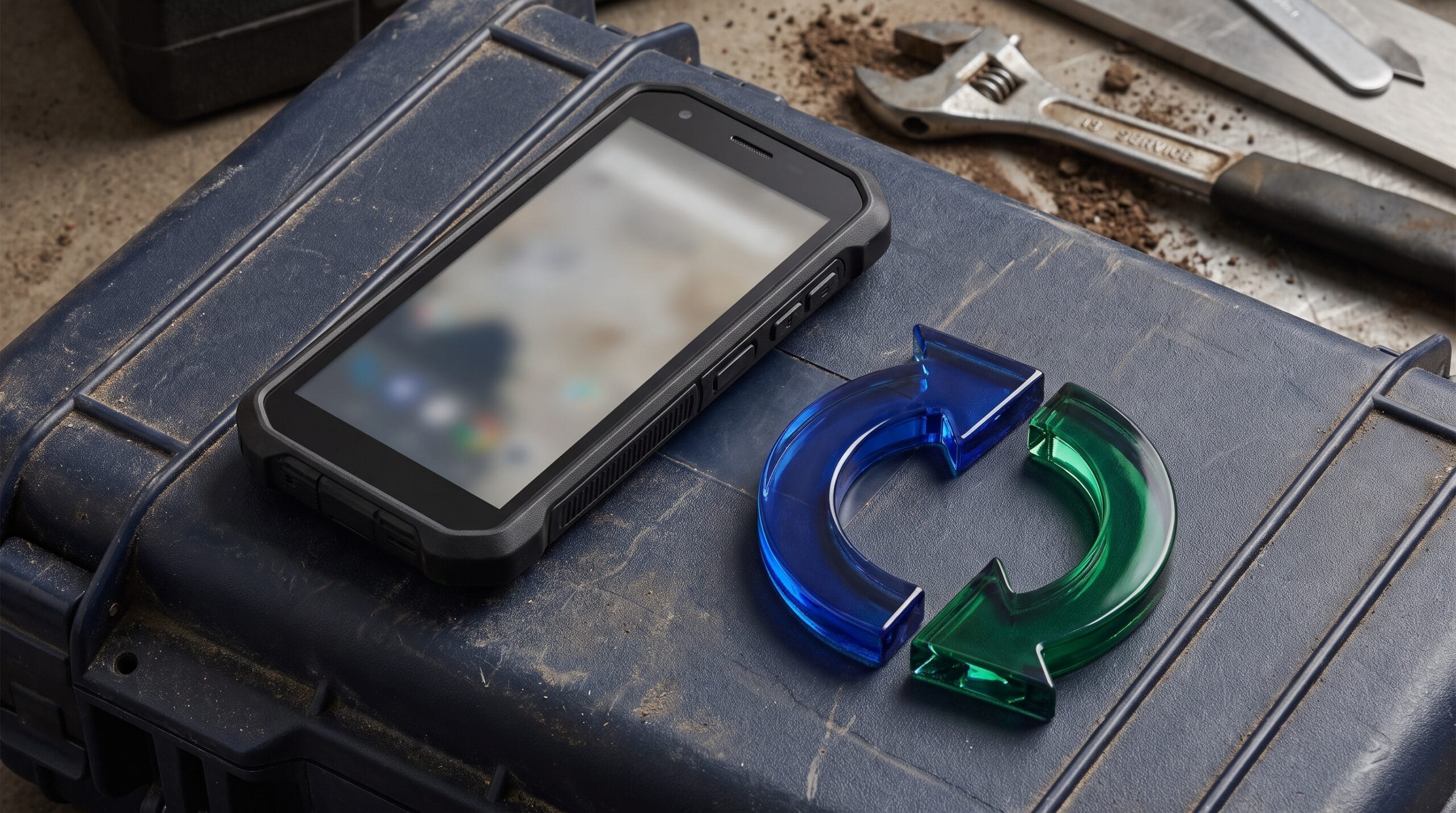 Dispositivo Android corporativo e setas de sincronização azul e verde