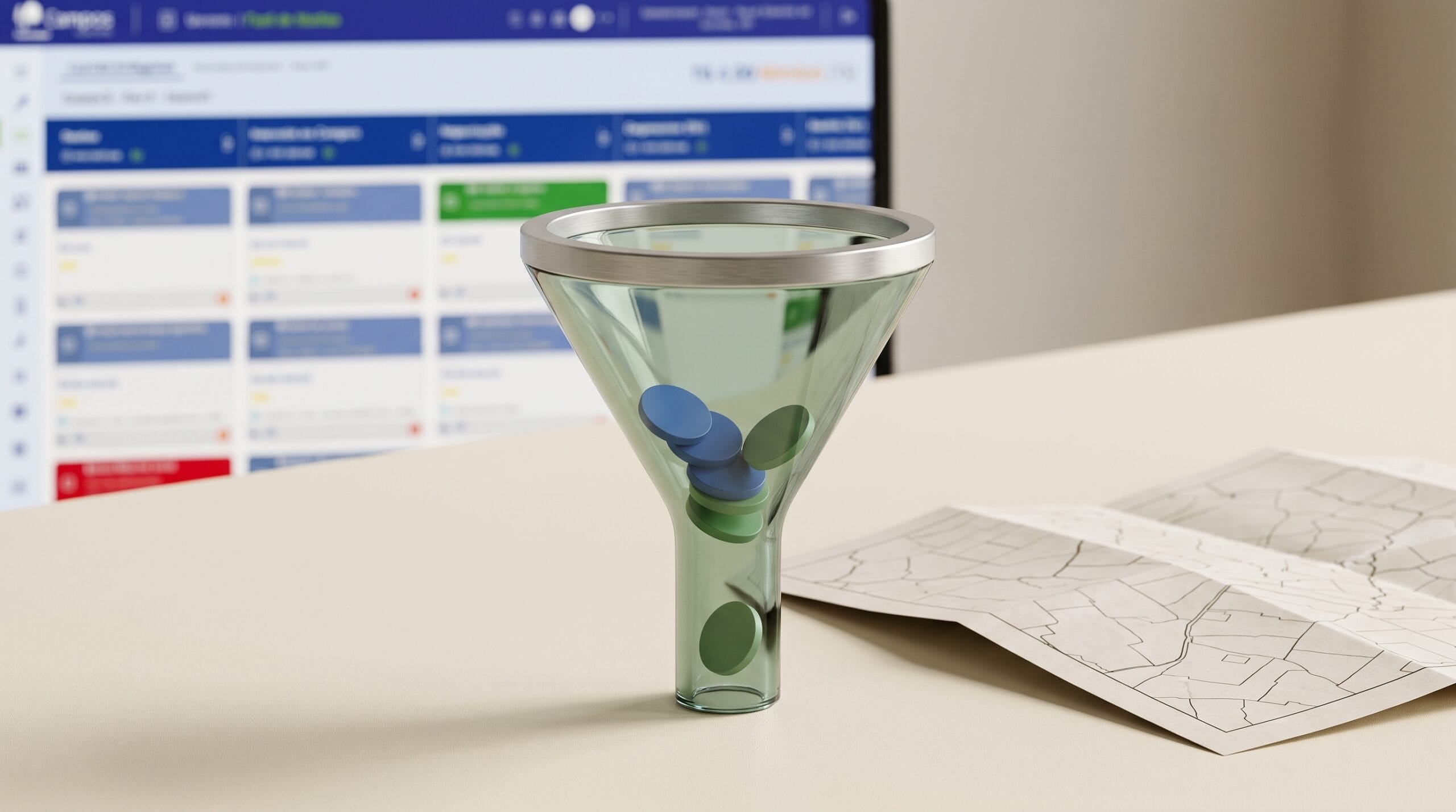 Funil translúcido azul e verde representando organização do processo comercial