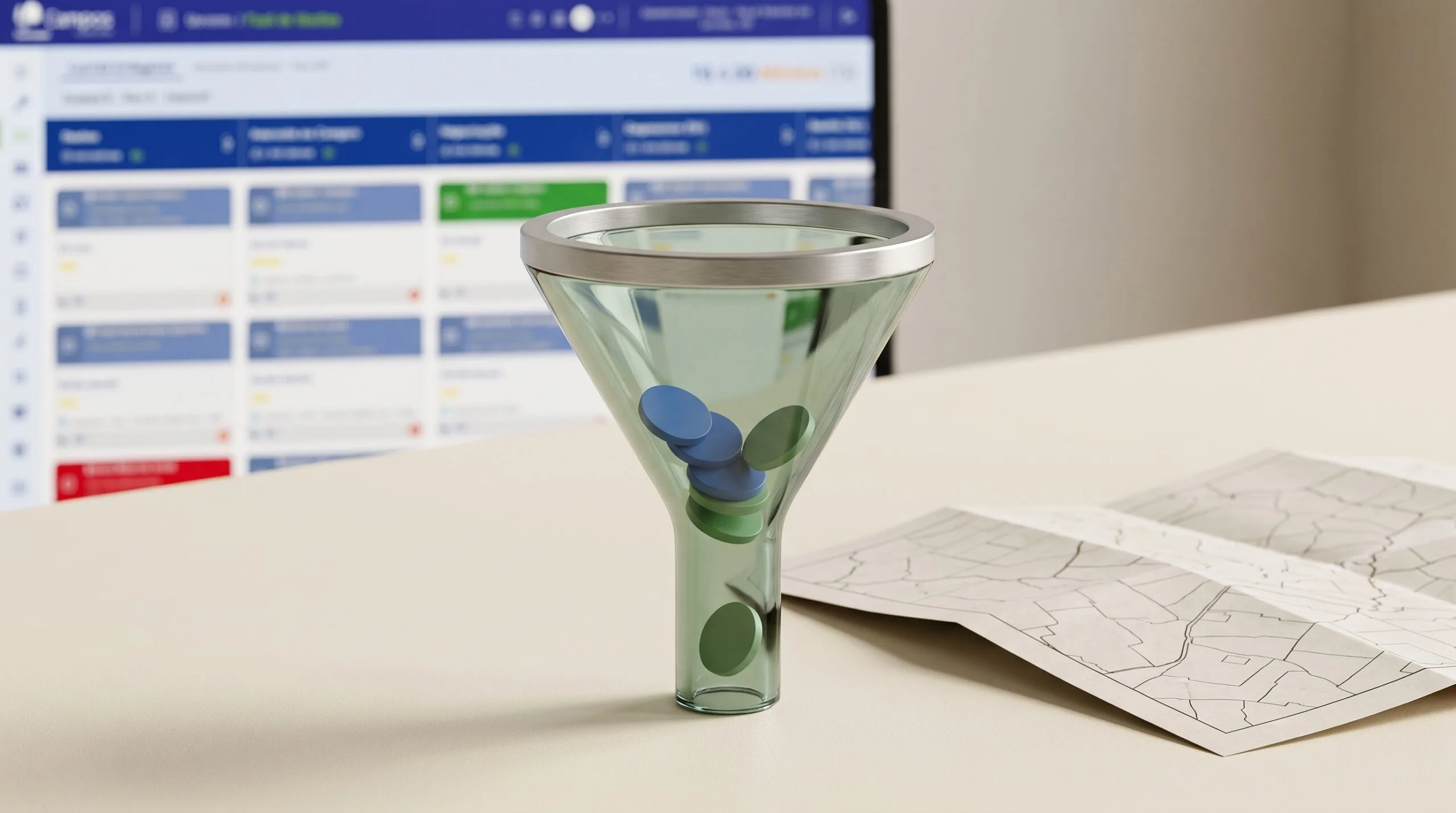 Funil translúcido azul e verde representando organização do processo comercial