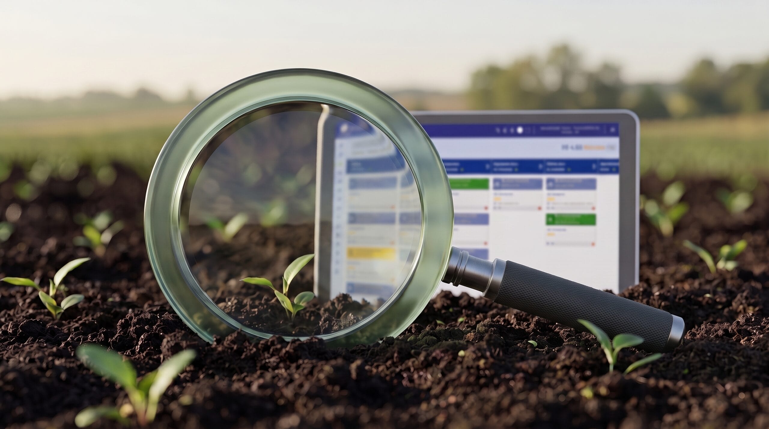 Lupa verde translúcida sobre solo e mudas, com CRM desfocado ao fundo