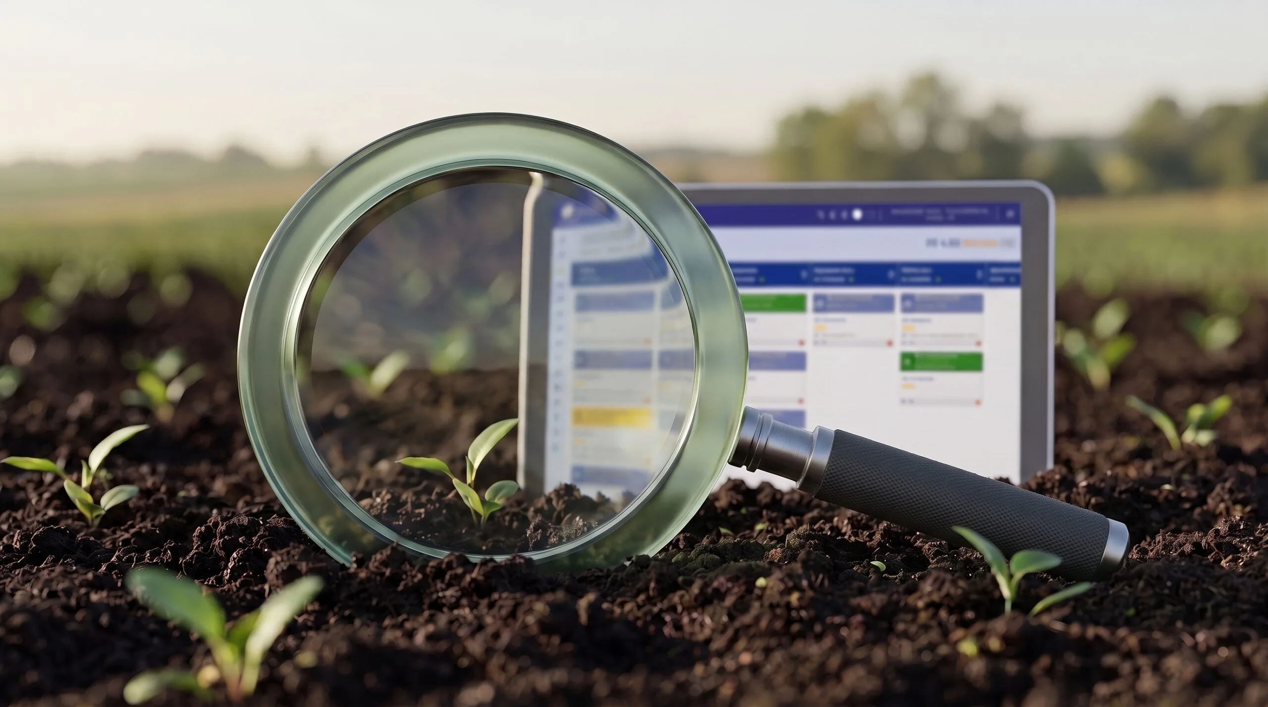 Lupa verde translúcida sobre solo e mudas, com CRM desfocado ao fundo