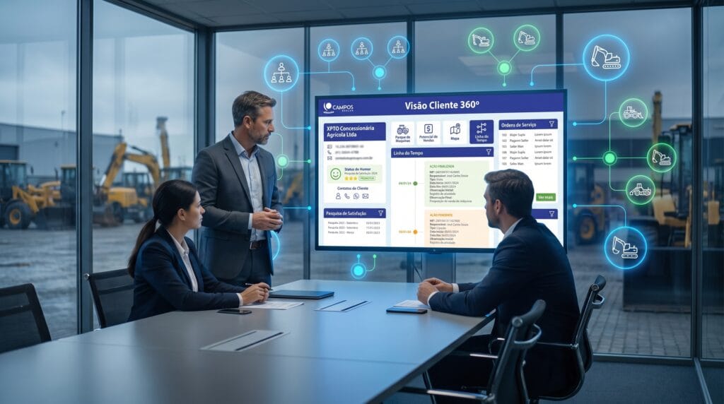 Equipe comercial analisando contas corporativas centralizadas no CRM Campos Dealer
