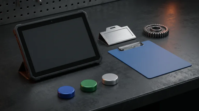 Tablet Android, ordem de serviço e peças em bancada de oficina