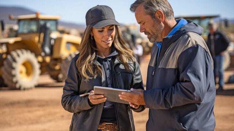 Profissionais coordenam uma atividade em um canteiro de obras usando tablet