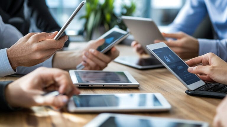 Equipe de uma empresa trabalha com tablets e computadores em um ambiente corporativo