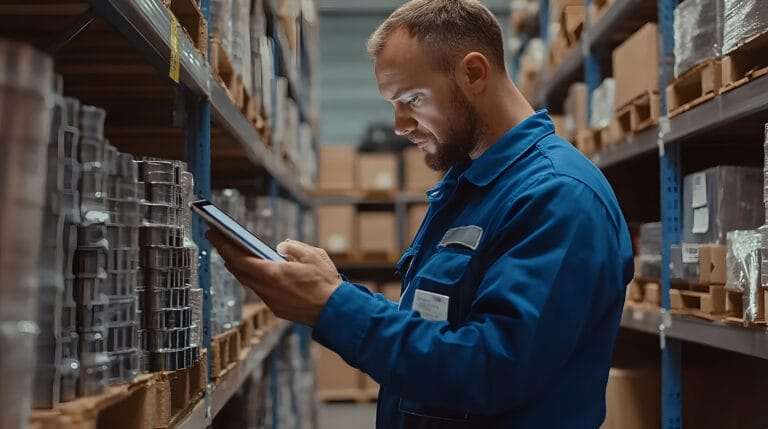 Profissional consulta um tablet em um estoque de peças