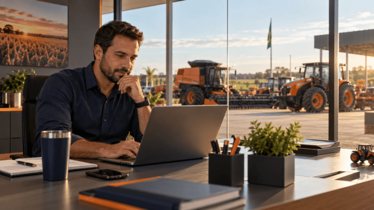 Profissional gerenciando a operação comercial de uma concessionária agrícola