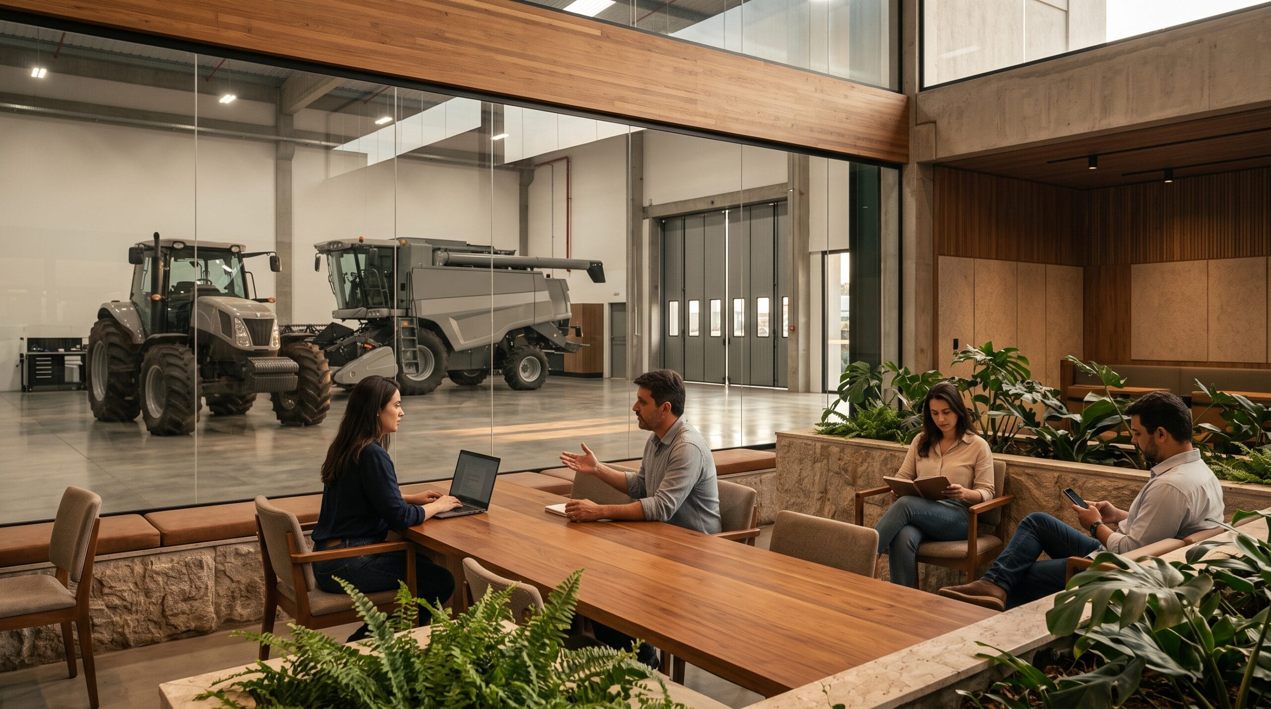 Espaço de trabalho colaborativo em concessionária agrícola