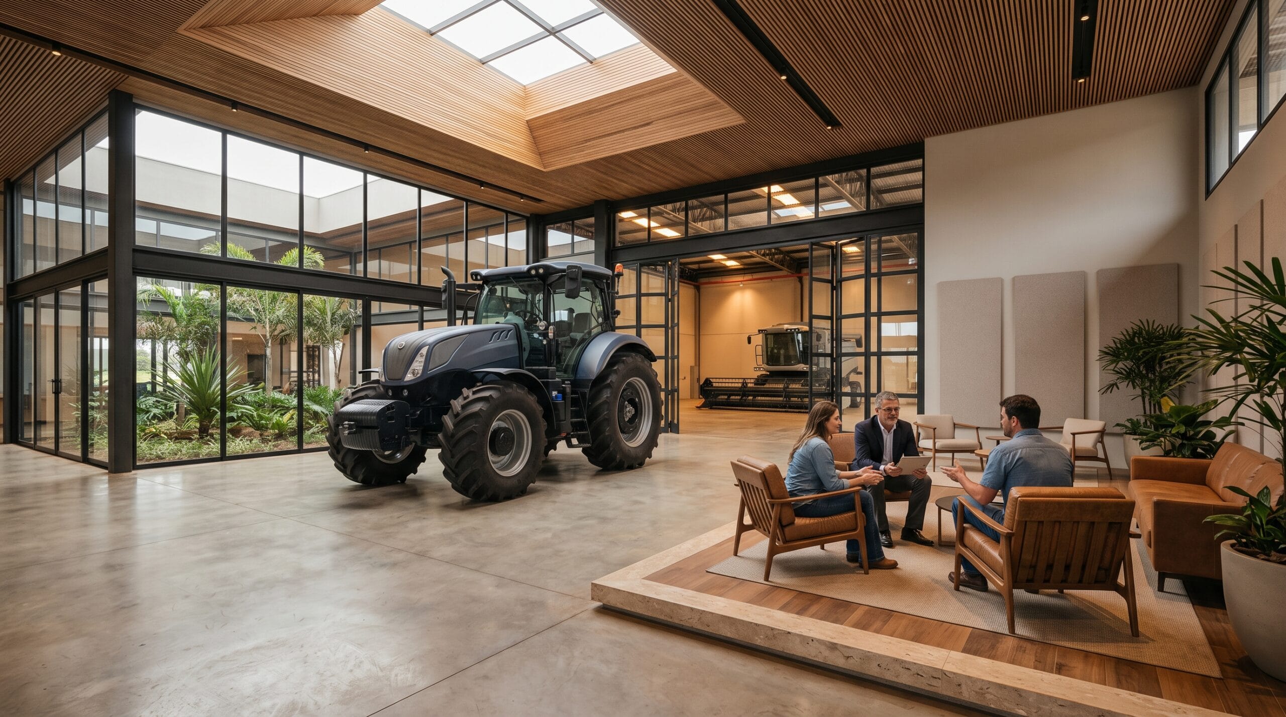 Ambiente organizado de atendimento em concessionária agrícola