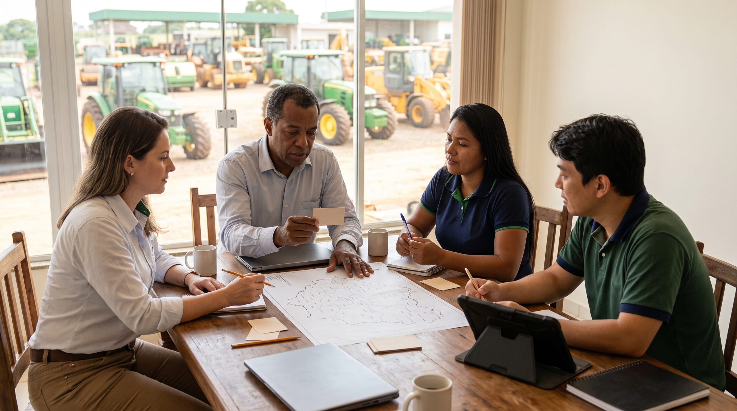 Gestor e equipe comercial em reunião na concessionária